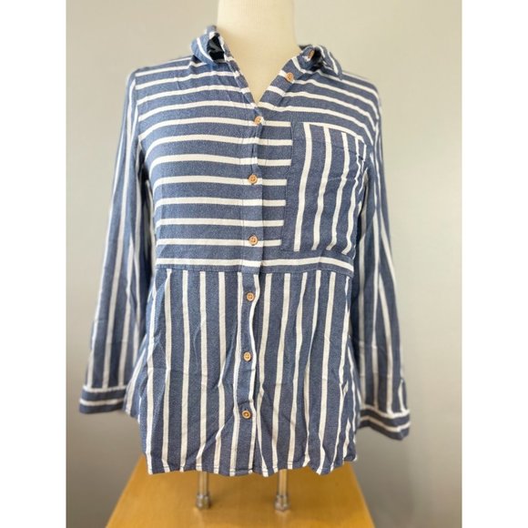 Women's Lee Medium Button Up Blouse Blue White Striped Lighweight Flowy L/S Coll - Picture 1 of 7